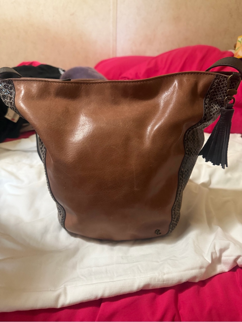 Elliott Lucca Brown Leather Shoulder Bag with Snake-Trim Tassel
